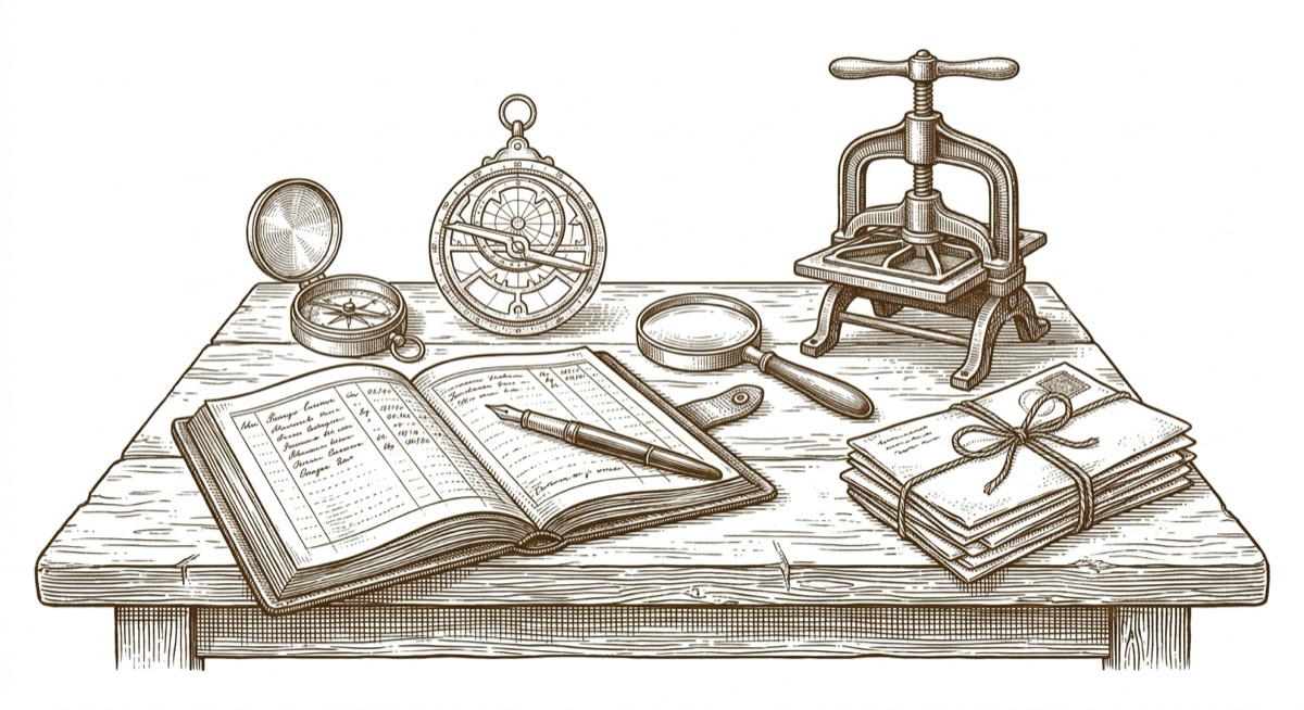 An engraved still life of a solo operator's instruments — compass, ledger, fountain pen, and printing press